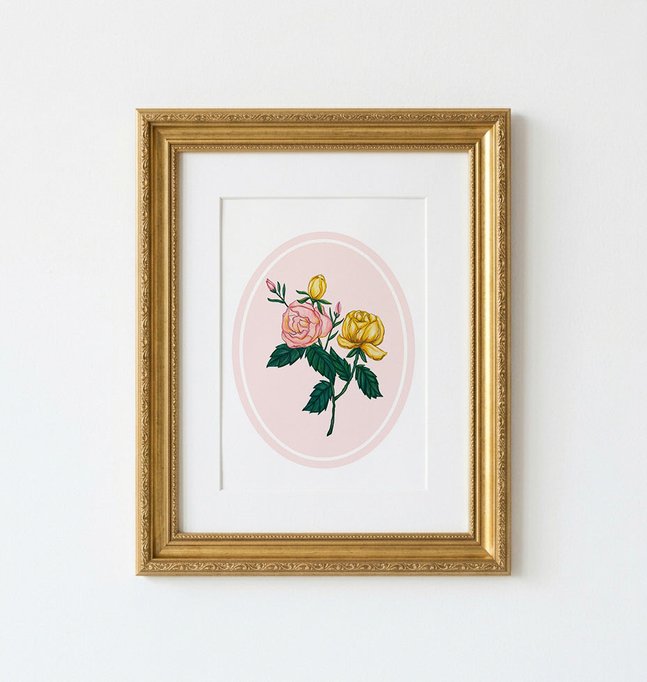 Art Print | Pink Oval Frame With Roses Botanicals