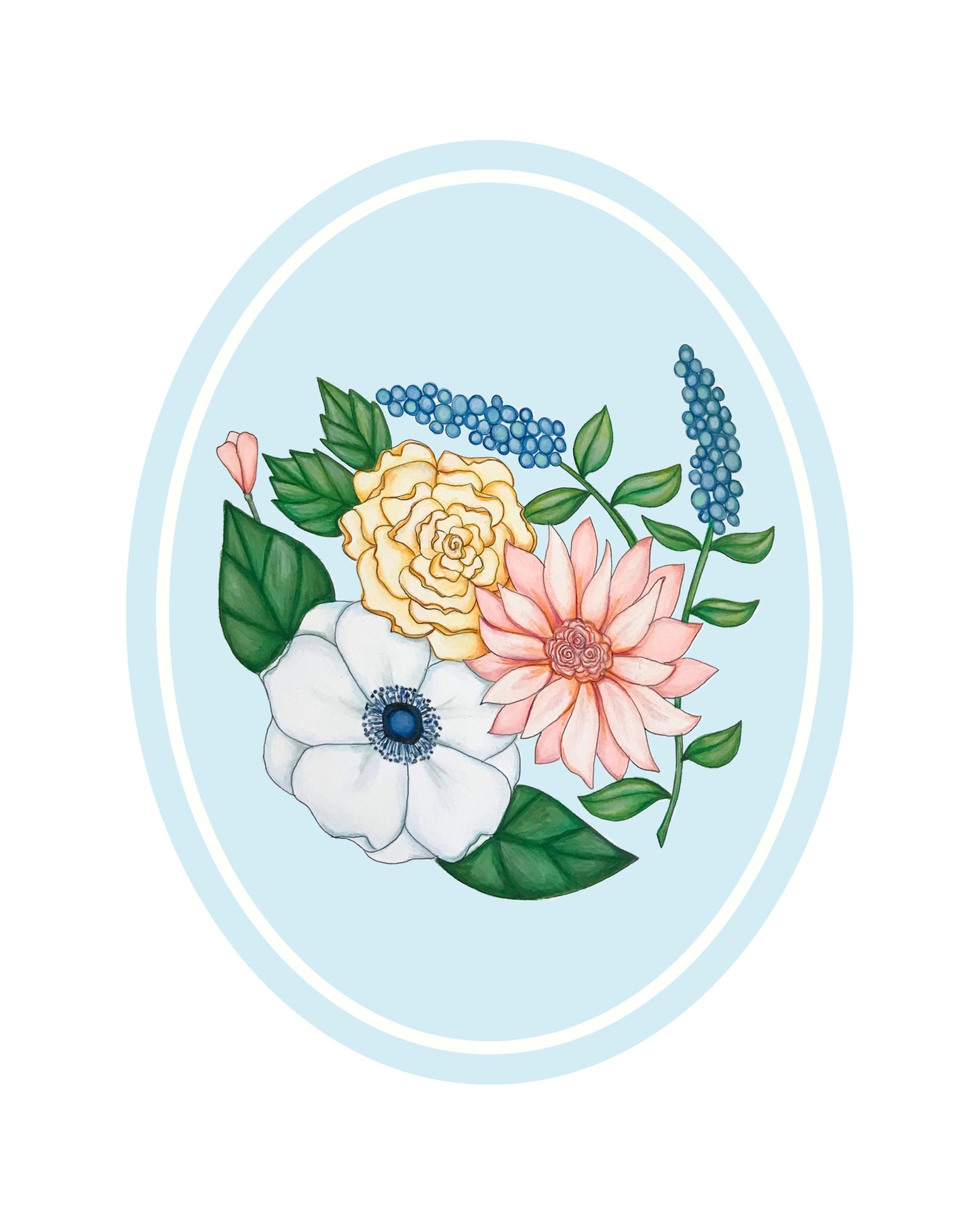 Art Print | Blue Oval Frame With Botanicals Bunch