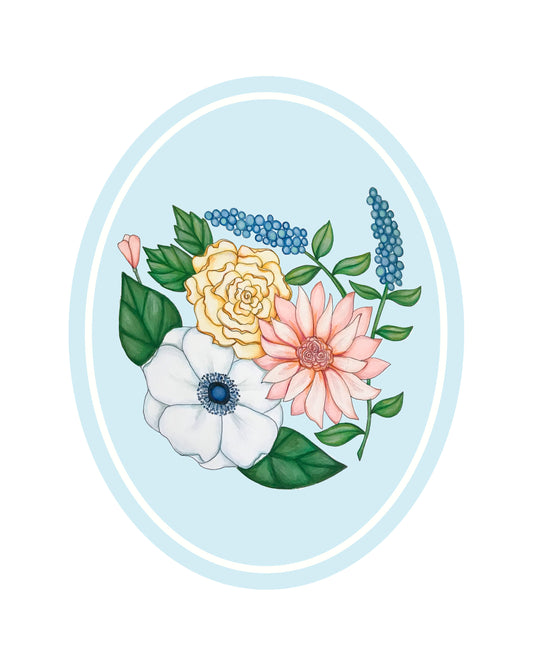 Art Print | Blue Oval Frame With Botanicals Bunch