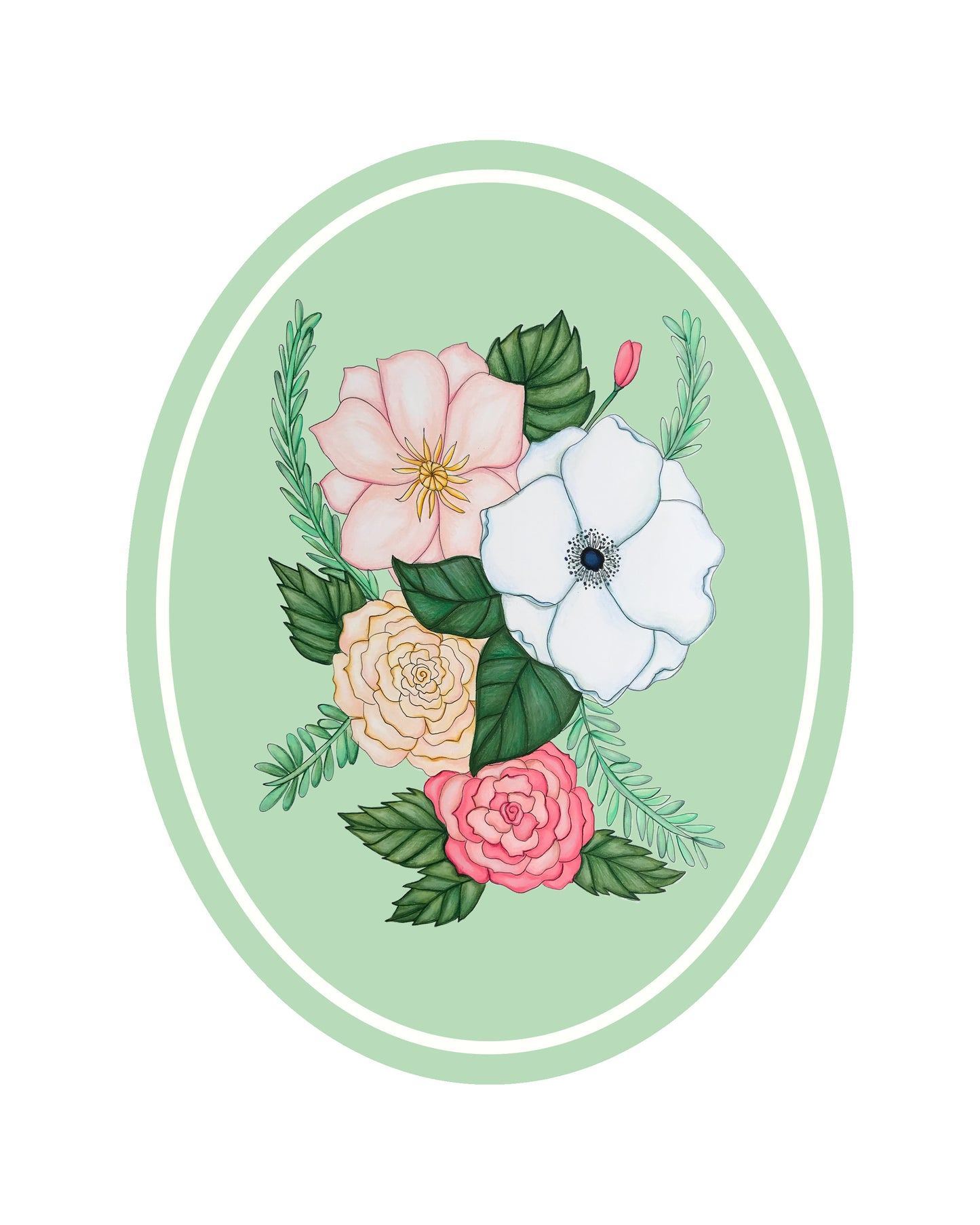 Art Print | Green Oval Frame With Pink Botanicals
