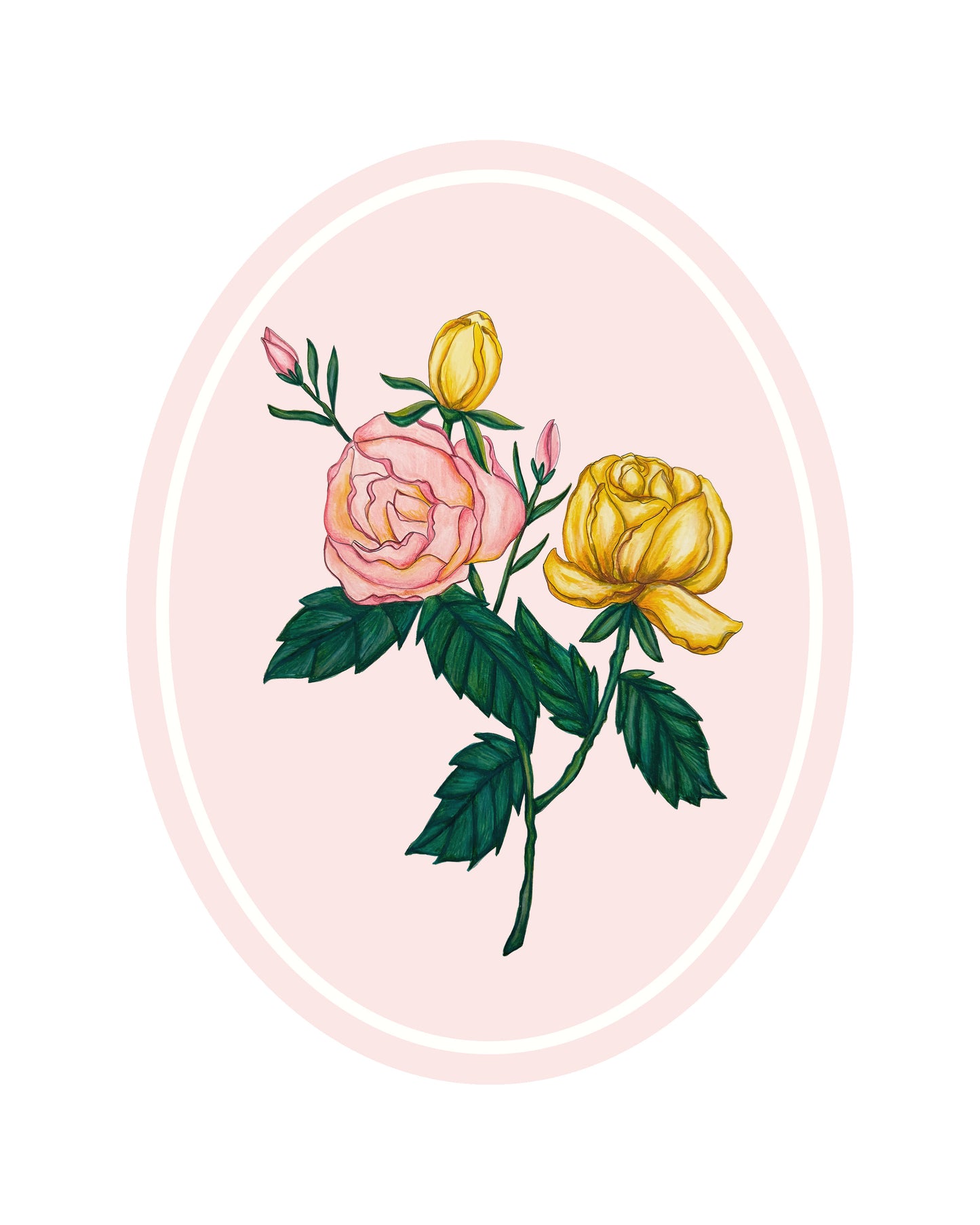 Art Print | Pink Oval Frame With Roses Botanicals