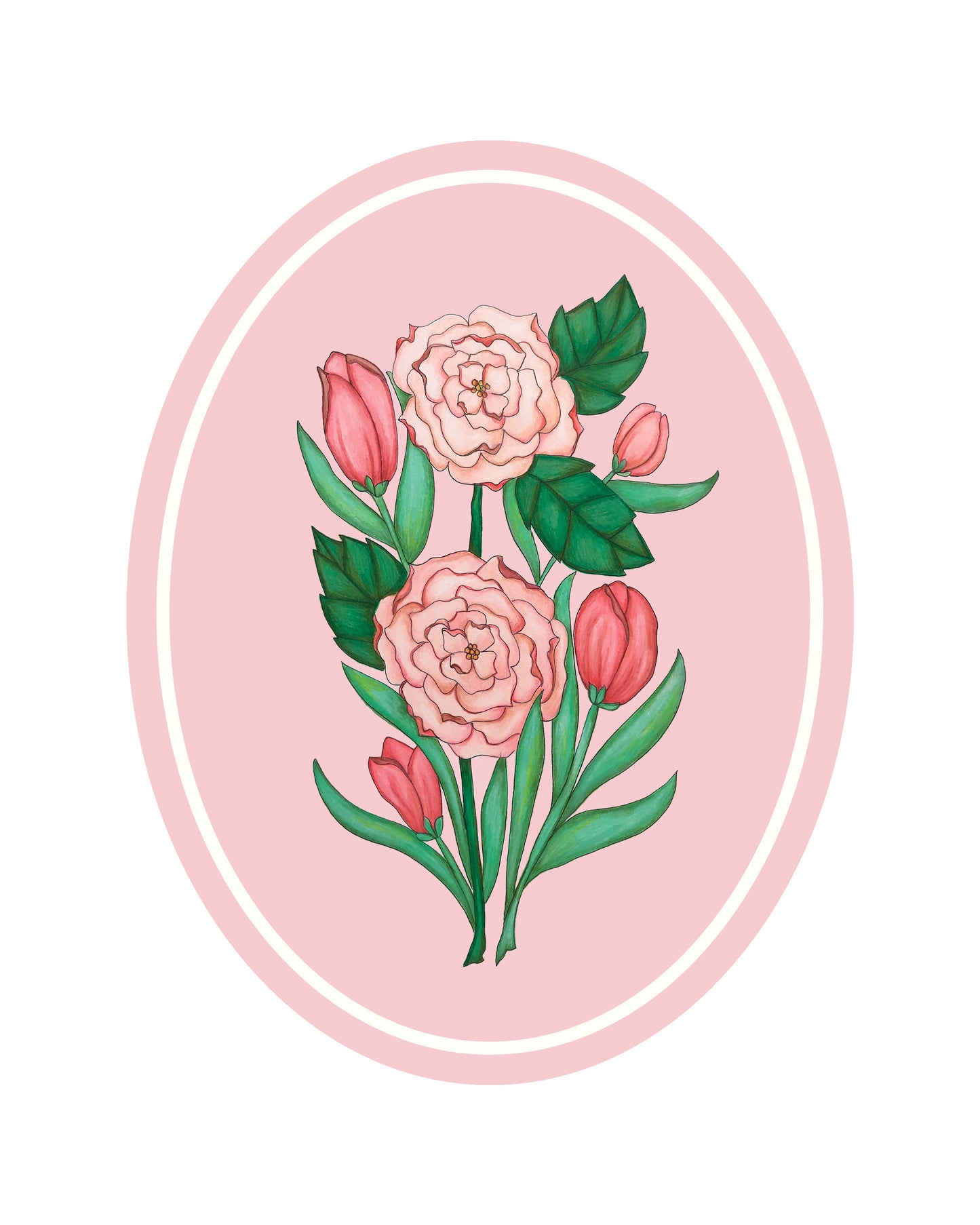 Art Print | Pink Oval Frame With Tulip Botanical