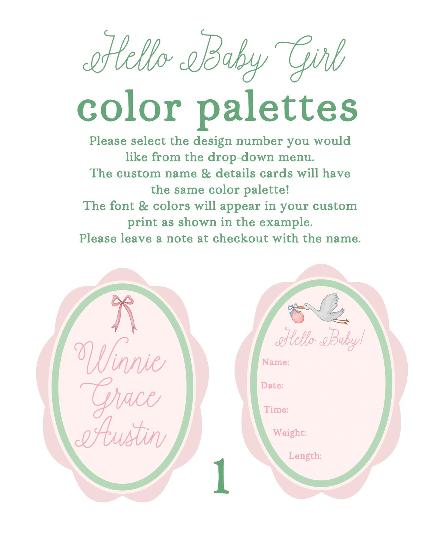 Hello Baby Girl! Set of 2 Custom Baby Name & Birth Details Cards