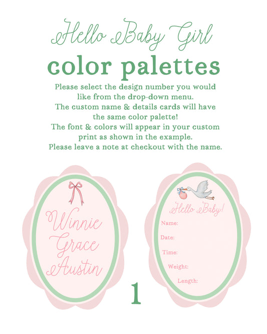 Hello Baby Girl! Set of 2 Custom Baby Name & Birth Details Cards