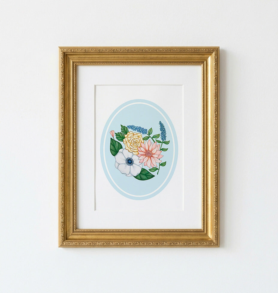 Art Print | Blue Oval Frame With Botanicals Bunch