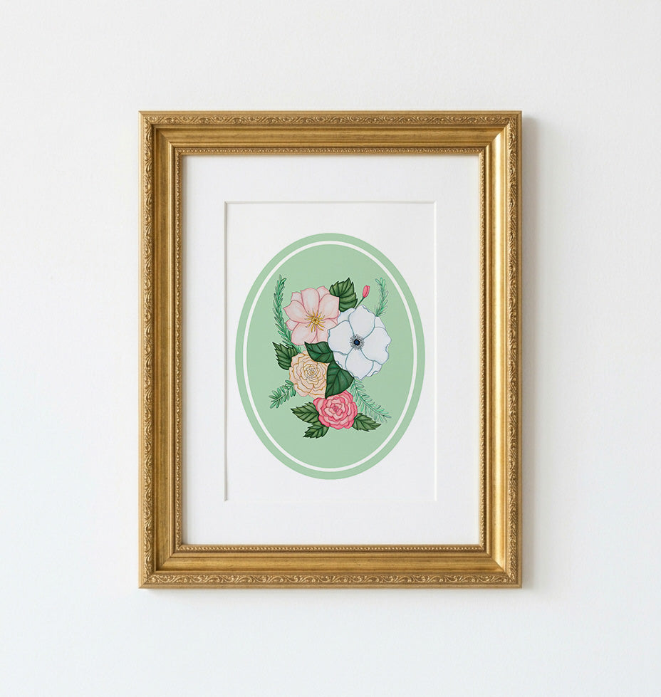 Art Print | Green Oval Frame With Pink Botanicals