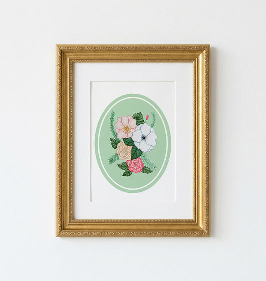 Art Print | Green Oval Frame With Pink Botanicals