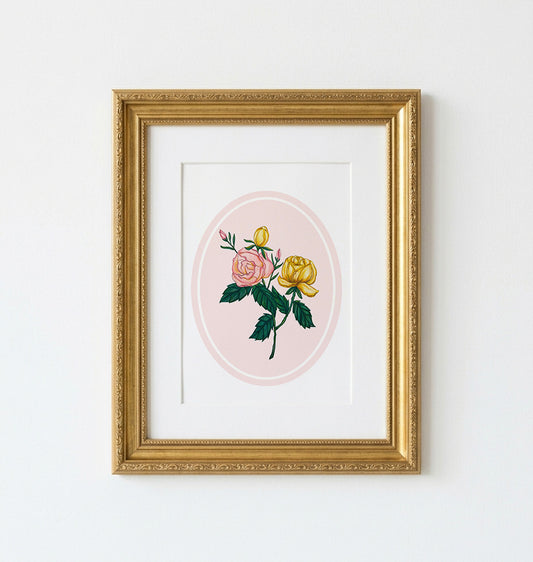 Art Print | Pink Oval Frame With Roses Botanicals