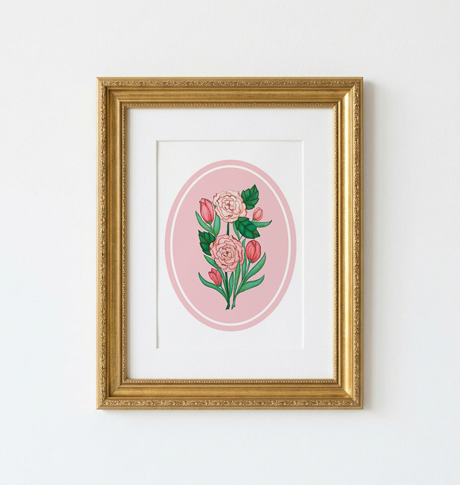 Art Print | Pink Oval Frame With Tulip Botanical