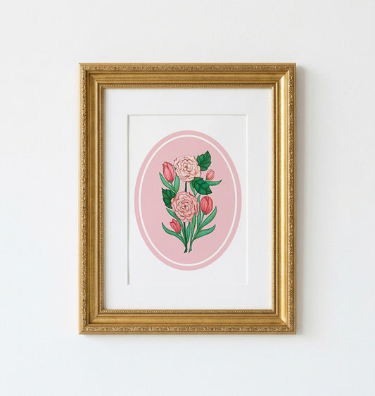 Art Print | Pink Oval Frame With Tulip Botanical